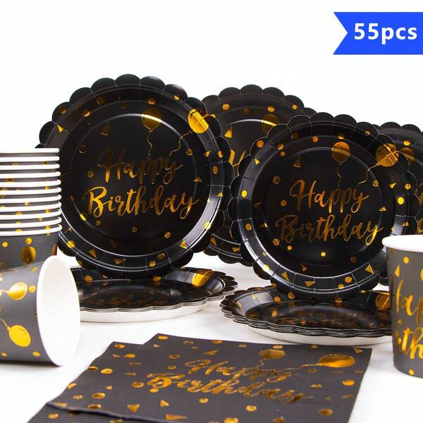 1 Set Black & Gold Birthday Balloon Petal Shaped Disposable Plates, Napkins, Cups For 10 Guests, Disposable Paper Plates Party Supplies Suitable For Birthday, Wedding, Party, Family Picnic