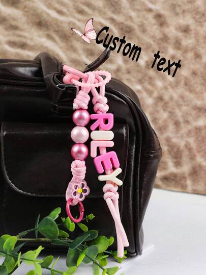 1pc Customized Colorful Macaron Acrylic Letter Beaded Keychain, UV Coated Glitter Matte Wooden Bead & Acrylic Flower Beaded Accessory, Colorful Silicone Strap, Customized Keychain, Customized Name, Customized Women's Birthday Gift, Customized Bag Charm