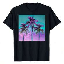 Camiseta de Hombre de Algodón de Manga Corta con Diseño de Palmera Tropical en Verde Azulado, Turquesa y Púrpura, Perfecta para Aventuras de Verano, 100% Tela Suave, Ideal para Deportes, Trabajo y Relajación - Negro - Ver 2