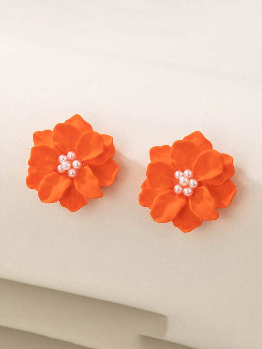 1对简约百搭夸张山茶花耳环，清新优雅的3D花朵珍珠耳钉，女士款