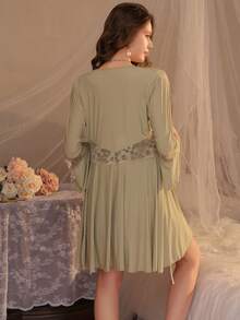 Conjunto de 3 piezas de camisón de mujer de unicolor y sexy con adorno de encaje, tirantes desmontables, busto acolchado, cierre delantero, incluye bata y conjunto de pantaletas a juego