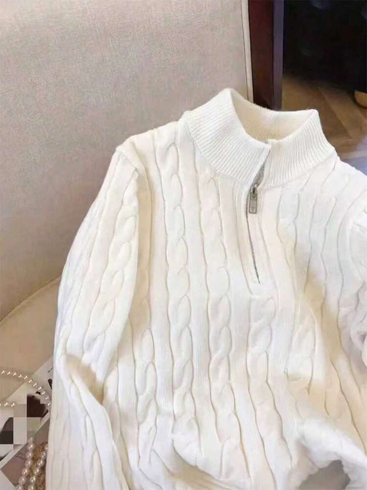 女士休闲罗纹针织拉链毛衣，秋冬 - 白色 - 查看 4