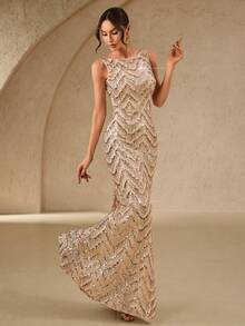 女士夏季新款优雅迷人美人鱼露背连衣裙，适合婚礼、单身派对、度假、庆典、伴娘礼服（成人款）、正式晚礼服、派对礼服 - 杏色 - 查看 5