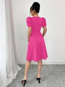 Women's Casual Solid Color Button Lantern Sleeve Short Dress Elegant Summer - Hot Pink - View 2