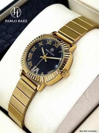 Pablo Raez 1-delat damur i 18 karat guld, vintage klassiska damur i strass, rostfritt stål med växel, eleganta nya dressur, originell och charmig design, kvartsur, romerska siffror, guldsmycken, bleknar inte, moderiktiga damurklockor, svart urtavla, högkvalitativa damurklockor