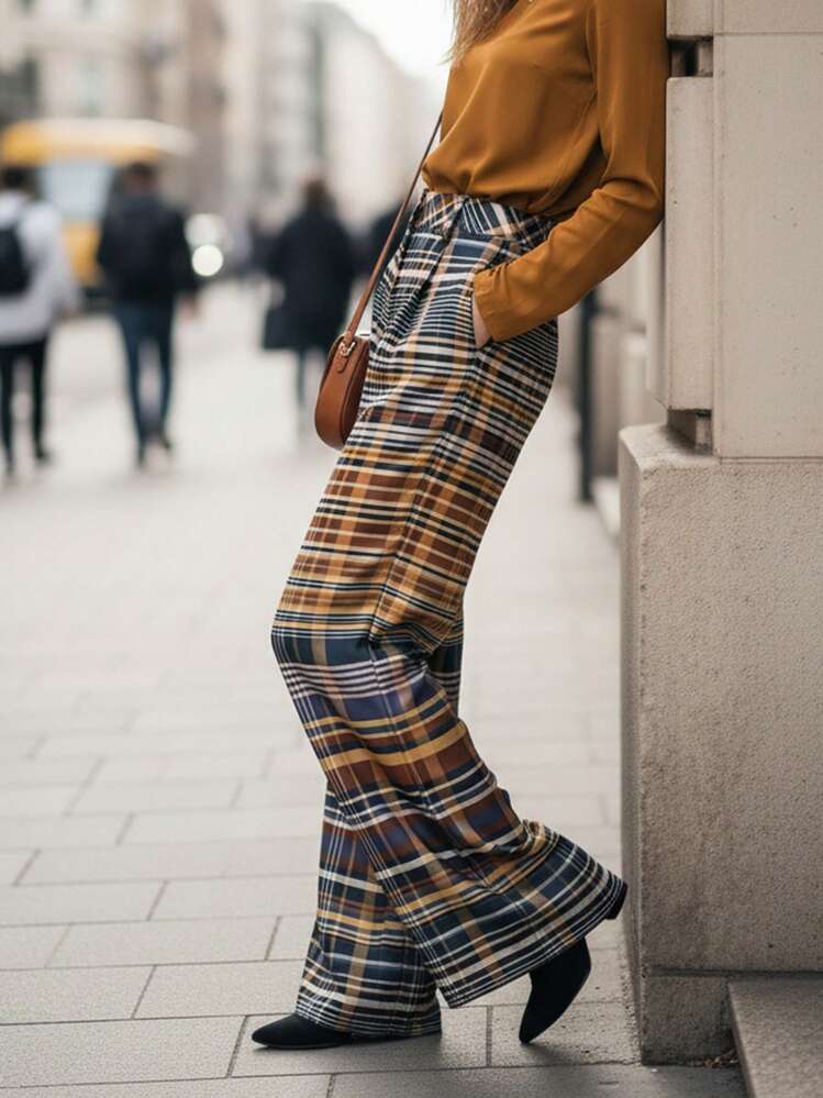 Lightweight Brown Plaid Wide-Leg Trousers For Summer, With Pockets, Versatile For Everyday Wear And Commuting - Mocha Brown - View 1
