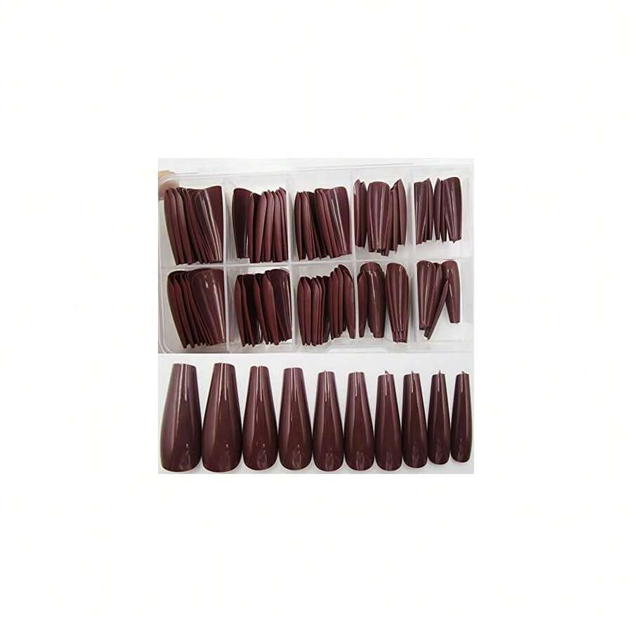 100pc Colored Coffin Press On Nails Long Ballerina False Fake Nail Tips Full Cover Manicure Design Acrylic Nails For Women Teen FFgirls (Dark Coffee){Inchcolor_nameinch:InchDarkCoffeeinch} - 黑咖啡 - 查看 1
