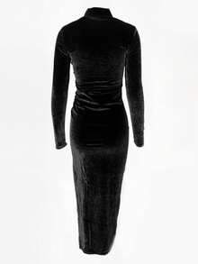 时尚性感高领长袖褶皱开衩下摆连衣裙、派对礼服、鸡尾酒会礼服