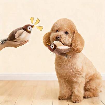 1个随机颜色的Migipaws小型犬玩偶，互动逼真的嘲鸫和猫爪设计，羽毛由弹力绳悬挂，适合小型犬和猫，自动鸣叫的猫玩偶，麻雀鸟毛绒宠物玩偶