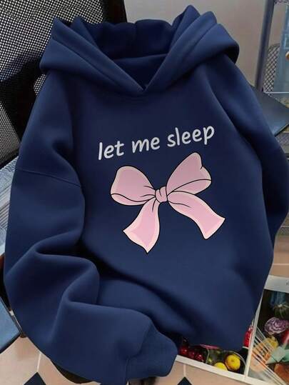 1件少女休闲印花套头卫衣，保暖内衬，长袖，秋冬季学生服装