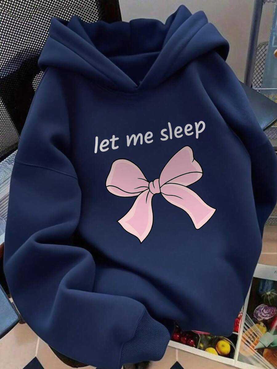1pc Tween Girl Casual Printed Pullover Sweatshirt, Thermal Lined, Long Sleeve, Autumn/Winter Student Clothing - Navy Blue - View 1