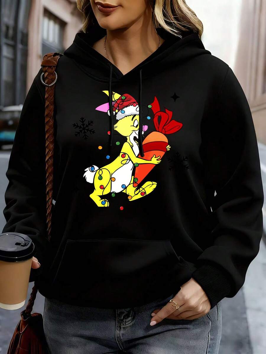 Disney Women Hoodie White Mickey Mouse Christmas Theme Print Casual Winter Outfit - màu đen - Xem 1