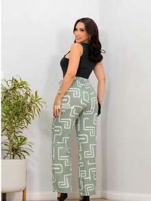 Duna Fabric Wide-Leg Pants - Green Pattern Labyrinth - View 2