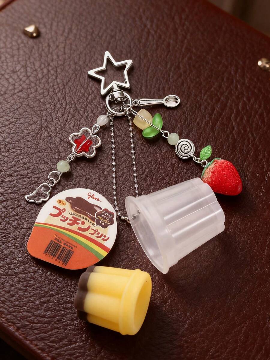 Y2K Retro Aesthetic Beaded Accessories - Japanese Pudding Keychain, Pink & Yellow Egg Tart Pendant, Bag Charm, Car Decor, Women Gift, Phone Charm - Multicolor - View 1