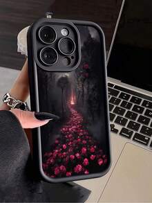 花朵图案黑色迷雾玫瑰森林全覆盖TPU防震手机壳，兼容苹果16、15、14、13、12、11 Pro Max系列 - 彩色 - 查看 3