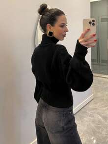 女士高领毛衣，优雅奢华纹理长袖修身套头罗纹针织上衣，复古风格 - 黑色 - 查看 3