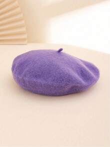 1pc Ladies' Solid Color Knit Elegant Beret With Smooth Surface, Japanese Style, Suitable For Daily Wear And Shopping Vintage Casual - Màu tím trung bình - Xem 6