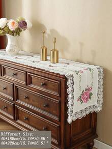 Polyester Linen Natural Table Runner, Pink Rose Cross-Stitch Embroidery, Double-Sided Wavy Hollow Crochet Lace Edge, Vintage Botanical Style Dining Table Coffee Table Tablecloth, Wedding Farmhouse Home Kitchen Decor - Multicolor - View 2
