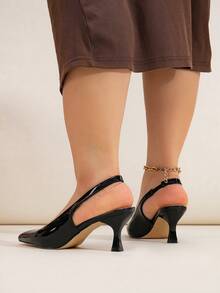 Wide Fit Black Patent Stiletto Heel Backstrap Pumps, Suitable For Everyday, Banquet, Party, Black Fashion Plus Size High Heels For Women,Kitten Heels - Black - View 6