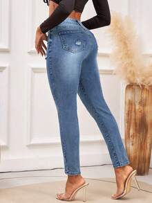 Jean skinny taille mi-haute déchiré - Denim stretch avec braguette à boutons, pantalon slim classique délavé et déchiré - Jean bleu - Voir 4