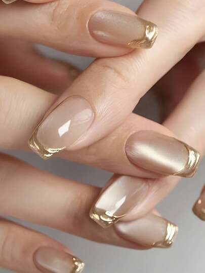 24pcs Short Coffin Shape 3D Gold Plated French Embossed Acrylic Nail Tips Set, Includes Cat Eye Fake Nails, 1 Tube Gel And 1 Nail File, Nail Art Supplies