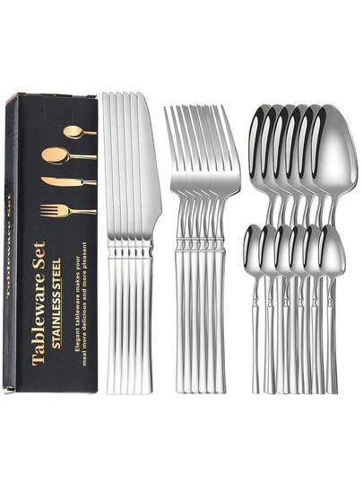4/16/24pcs Stainless Steel Waist Flatware Set, Western Steak Knife Fork Spoon Cutlery Set, Suitable For Home Kitchen, Dining, Wedding, Party, Holiday Gift