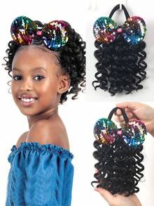 20 cm syntetisk hästsvansförlängning med elastisk lockig hästsvans med rosett barn barnhästsvanshårförlängning 1 st - Natursvart - Visa 2