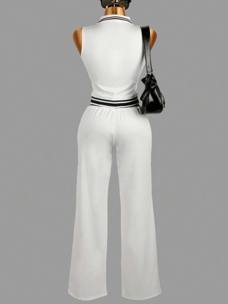 夏季时尚街头女装拉链无袖上衣抽绳裤两件套外出运动服套装女 - 白色 - 查看 3