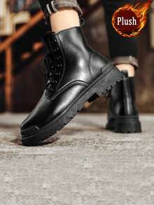 Men's High Top Boots, Autumn/Winter, All-Match Black Leather Casual Shoes, Wear-Resistant Low-Cut Cargo Shoes, New Fashionable Casual Shoes Go With Dress, Lace-Up Metal Eyelets - Black - View 9