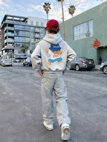 1件装男童休闲印花套头卫衣，保暖内衬，长袖，秋冬季 - 淺灰色 - 查看 9