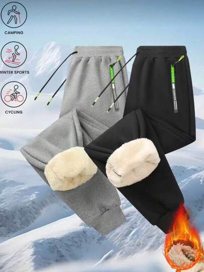 Men's Outdoor Pants, Drawstring Waist, Thermal Lining, Thickened, Ankle-Tied, Essential For Casual Daily Wear, Autumn/Winter,Fleece