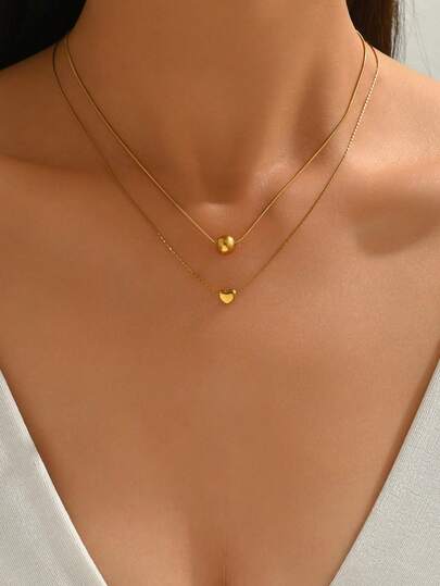 2pcs Minimalist Style Stainless Steel Pendant Necklaces With Round Beads And Heart Charms, Suitable For Women's Daily Wear Or As Gift For Loved Ones