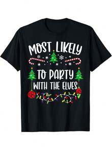 Funny Christmas Party T-Shirt - Most Likely To Party With The Elves - Black With White Text - Heavyweight 180gsm Fabric - Adult Funny Ugly Christmas Sweater Party Outfit - Casual Crewneck Tee For Men & Women - Machine Washable Holiday Apparel - Festive Elf & Candy Cane Design - All-Season Wear - Regular Fit Round Neck - Humorous Holiday Gift, Quality Stitching, Durable Material - Black - View 2