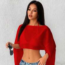 Cropped Cape In Transparent Tulle With Asymmetrical Flare Sleeves - 紅色 - 查看 3
