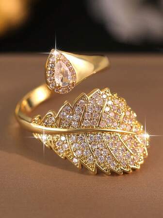 1 pieza Anillo de mujer de cobre con forma de hoja glamorosa y abierta, versátil con gota de agua y circonita cúbica, para decoración diaria, compromiso, boda y regalo de Navidad