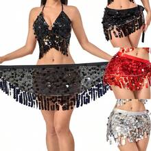 Lenço de Dança do Ventre com Corrente de Quadril e Franjas com Lantejoulas, Acessório de Cintura para Fantasia de Desempenho Oriental para Mulheres