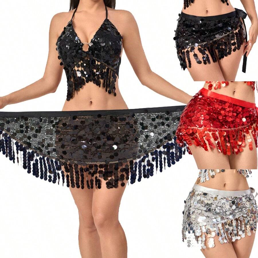 Lenço de Dança do Ventre com Corrente de Quadril e Franjas com Lantejoulas, Acessório de Cintura para Fantasia de Desempenho Oriental para Mulheres