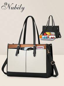 Insulated Lunch Tote Bag For Women With 15.6 Inch Laptop Compartment, Multifunctional Large Capacity Quilted Leather Computer Bag For Work, Teacher, Office & Commute - Black, Brown and White - View 2