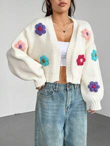 Women's Casual Floral Decor Long Sleeve Knitted Cardigan, Autumn/Winter