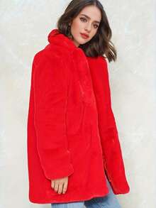 FHILLINUO 女士红色仿皮草外套，长袖翻领，及大腿长度，带口袋，无弹力面料，冬季保暖，适合圣诞节、新年及其他场合。 - 紅色 - 查看 6
