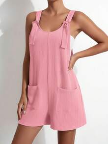 Women's Y2K Summer Solid Color Backless Cami Jumpsuit, Loose Fit With Pockets, Breathable And Comfortable, Simple Casual Style, Streetwear Inspired, Perfect For Daily Wear, School, Commuting, Vacation Travel, Music Festivals, Exercise, Dates, And Valentine's Day Outfits - Màu Hồng baby - Xem 2