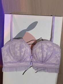 女士米色无缝蕾丝前扣聚拢文胸，无钢圈加厚衬垫，适合小胸，上托文胸，可调节内衣 - 淡紫色 - 查看 2