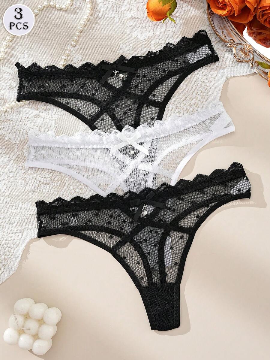 3件套性感蕾丝女士丁字裤，浪漫蕾丝波点内裤，性感交叉绑带舒适内衣 - 彩色 - 查看 1