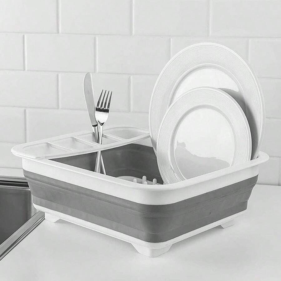 Collapsible Dish Rack For Drying Dishes, Space-Saving And Foldable Design With Versatile Removable Components, Dinnerware Storage Organizer For Small Kitchen Spaces - Xám - Xem 1