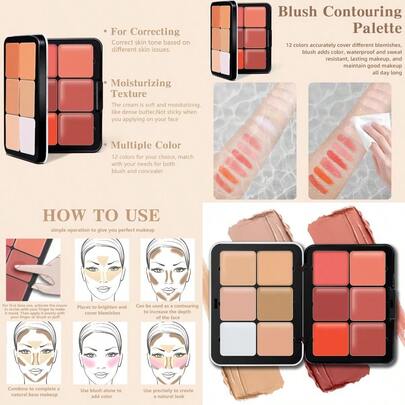 12 Colors Cream Blush Palette Color Correcting Concealer Foundation Palette Long Wearing Smudge Proof Blendable Matte Finish Blush Powder Highlighter And Cream Contour Palette Makeup 01