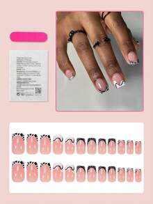 24片中号方形美甲贴纸，黑白法式美甲，斑马纹线条艺术极简风格，亮面全覆盖假指甲，适合女性和女孩日常佩戴，秋冬季美甲用品 - 彩色 - 查看 2