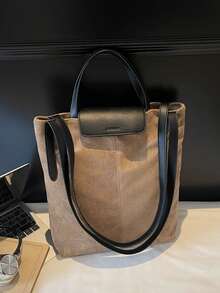 1 Pc, Contrast Color Suede Texture Women's Shoulder Handbag, Retro Casual Large Capacity Handbag, Magnetic Buckle Zipper Closure, Suitable For Travel, Shopping