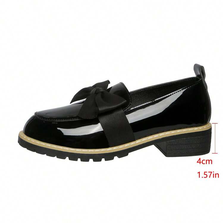 2025 Women's Vintage Chunky Heel Bow Tie Elastic Band Glossy Patent Leather Flat Loafers, Low-Top Slip-On Casual Shoes, Elegant & Comfortable, Fringed Shiny Patent Mary Jane Shoes For Holiday Party, Daily Outfit, Work ( & Cyber Monday Essential) - Black - View 15