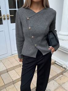 MORI 女士春秋新款长袖针织开衫，休闲时尚学院风，金属纽扣不对称设计，适合通勤穿着。纯灰色开衫，新年理想之选。 - 灰色 - 查看 2
