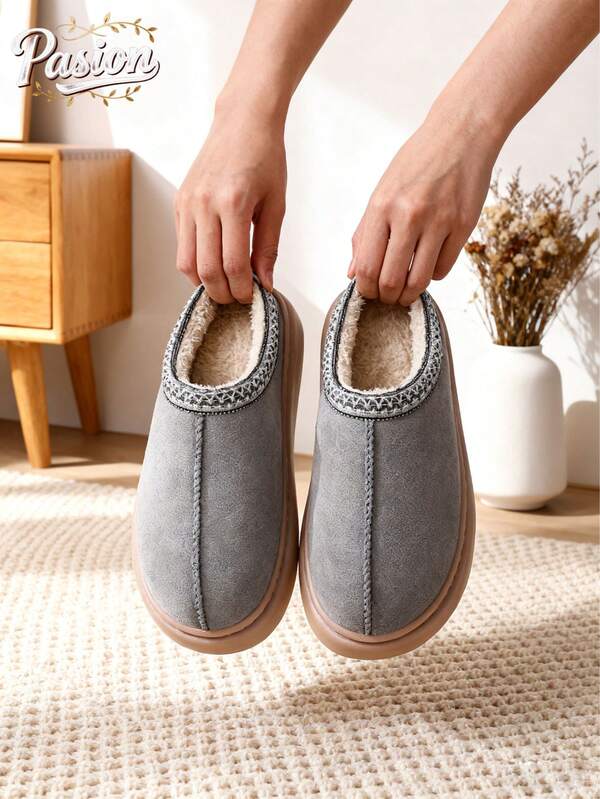 Plus Size Thick Sole Winter Snow Boots, Warm Cotton Lining, Closed Toe Fluffy Slippers, Indoor Anti-Slip Warm Thick Bottom House Shoes For Women